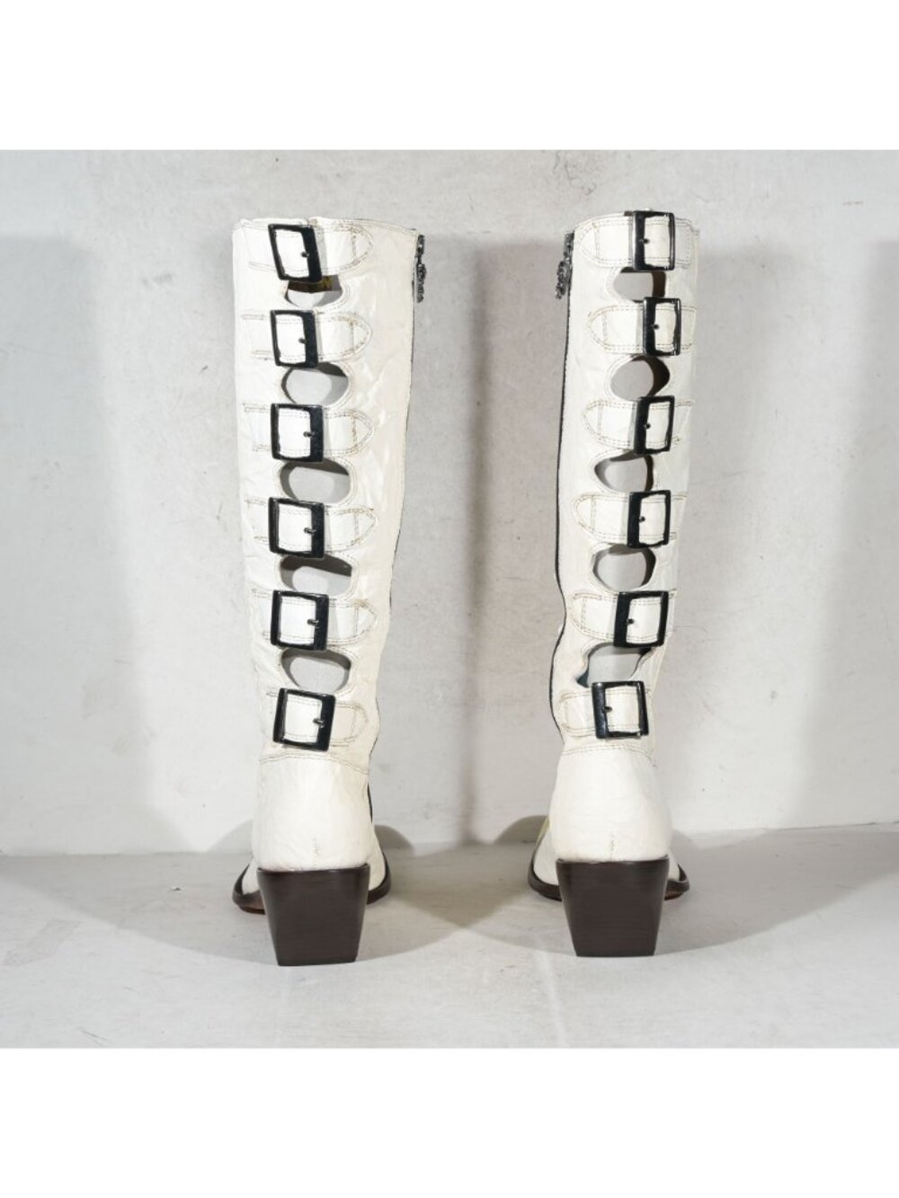Siren by Mark Nason Lauper White Leather Patent Toe Knee High Inside Zip Boot - Picture 4 of 9